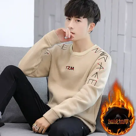 长袖T恤男圆领加绒加厚保暖内衣青少年套头卫衣修身学生秋冬上衣商品大图