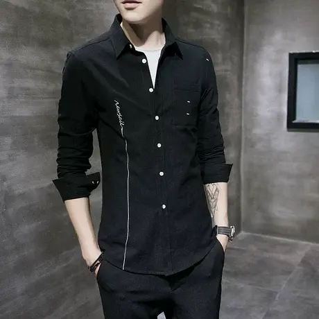 黑色衬衫男士长袖青年春秋帅气休闲外套衬衣男装韩版宽松上衣潮流商品大图