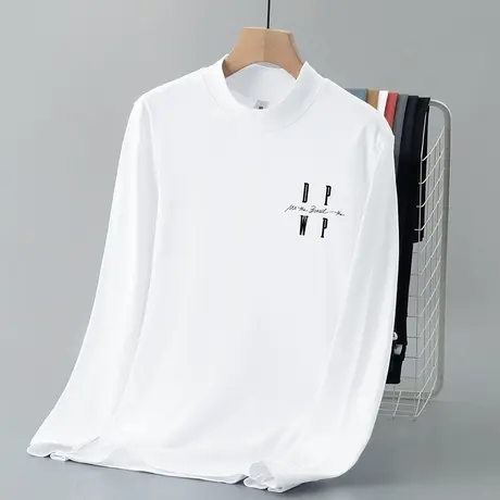 重磅纯棉白色t恤男士长袖秋冬半高领内搭打底衫全棉中领秋衣小衫商品大图