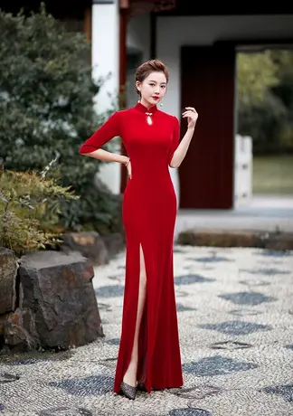 七分袖丝绒走秀旗袍长款2023年新款高端舞台演出服红色礼仪鱼尾裙商品大图