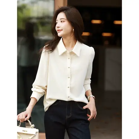 时尚气质长袖衬衫2023年秋季新款淑女温柔减龄翻领显瘦通勤上衣图片