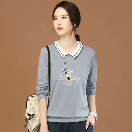 韩潮袭人娃娃领假两件刺绣长袖卫衣女2024春季新款宽松休闲T恤衫图片