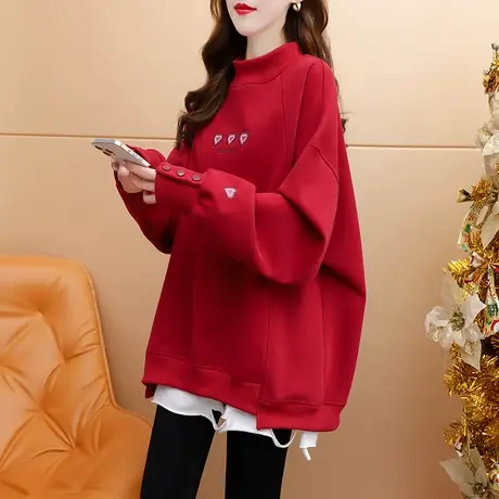加绒加厚半高领卫衣女2024新款春季宽松慵懒风显瘦百搭打底衫上衣商品大图