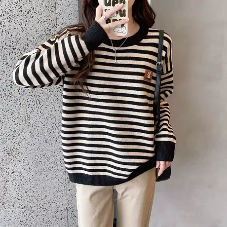 秋季圆领条纹女士小个子毛衣女款2023新款秋冬爆款针织打底衫上衣商品大图