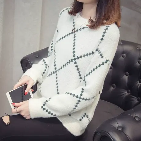 秋冬新款仿水貂绒毛衣女加厚套头菱形格子针织打底衫韩版宽松上衣图片