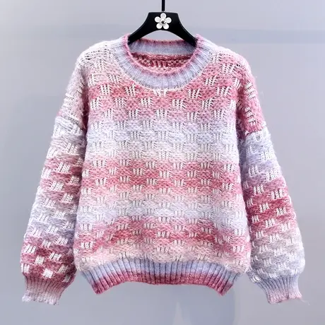 渐变色圆领套头毛衣女秋冬2023新款宽松慵懒风加厚软糯打底针织衫图片