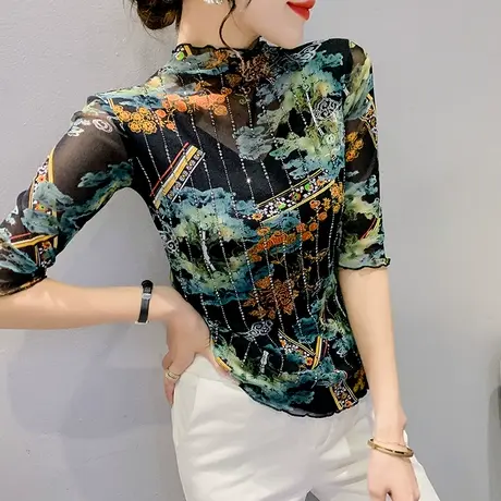 复古气质网纱T恤女半袖2024新款重工烫钻五分袖上衣洋气修身小衫商品大图