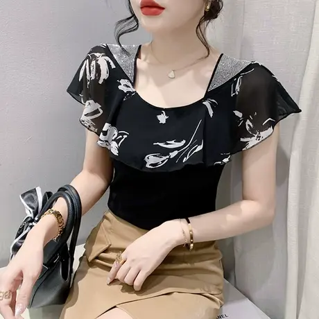 欧货设计感荷叶边短袖T恤女士性感网纱修身上衣时尚烫钻方领小衫图片