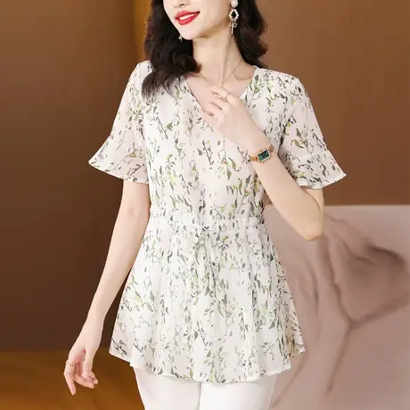 2023新款夏季雪纺衫女收腰荷叶边短袖女上衣宽松显瘦减龄遮肚小衫商品大图