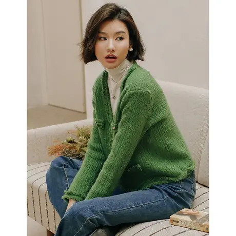 弥古绿色小香风外套女春秋毛衣针织开衫流苏边上衣高级感秋装2023图片