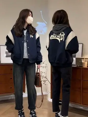 美式高街拼接撞色立领加棉棒球服女秋冬新款设计感宽松外套百搭潮图片