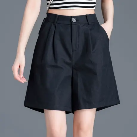 棉麻短裤女夏季薄款a字亚麻阔腿休闲中裤四分五分裤黑色西装裤子商品大图