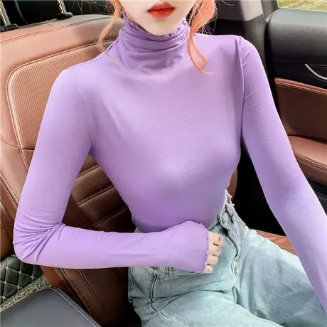 高领打底衫女长袖t恤木耳边春秋冬内搭修身秋衣洋气小衫百搭上衣商品大图