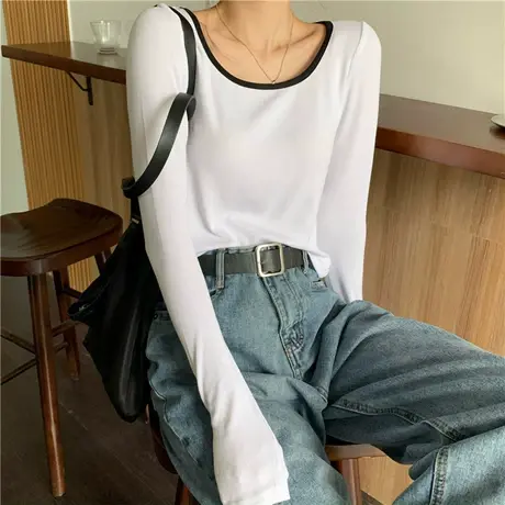 春秋季2024新款白色大圆领撞色长袖T恤女紧身显瘦上衣内搭打底衫商品大图
