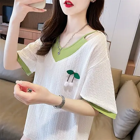 设计感小众短款短袖t恤女夏季韩版宽松大码v领露肩撞色假两件上衣商品大图