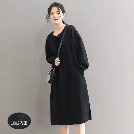 【买一送一】秋冬新品绒蝴蝶结圆领显瘦连衣裙文艺宽松长袖打底裙商品大图