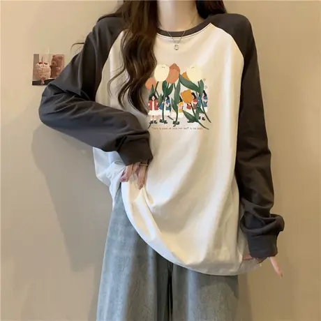 德绒保暖打底衫女秋冬内搭加绒加厚宽松上衣欧货潮牌插肩长袖T恤商品大图