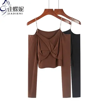 秋季新款韩版纯棉修身纯色短款V领吊带长袖体恤上衣内搭打底衫女商品大图