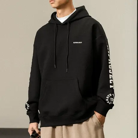 潮流男装连帽时尚卫衣户外男士袋鼠兜卫衣纯色字母休闲男装卫衣图片