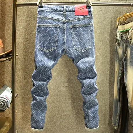 原创设计暗纹烫印牛仔裤男款修身小脚裤个性潮牌蓝色秋冬长裤子厚商品大图