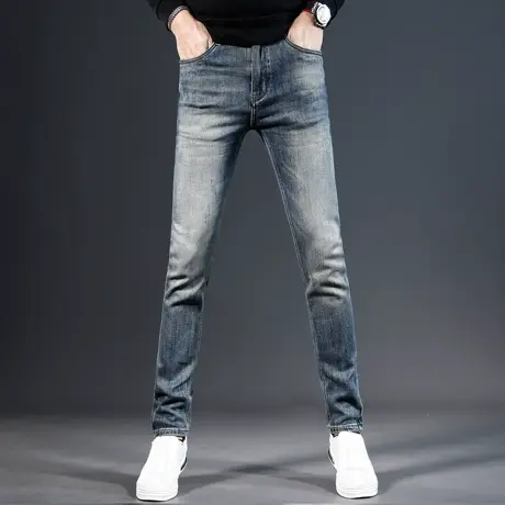 欧美高端牛仔裤男2023秋冬新款复古蓝色修身小脚弹力休闲百搭裤子商品大图