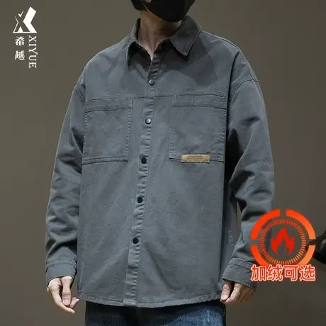 潮流ins长袖衬衫男翻领2024春秋季新款宽松大码加绒加厚衬衣外套商品大图