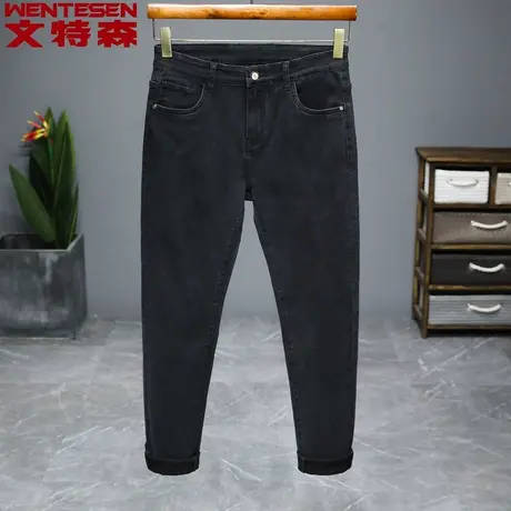春秋季新款韩版潮流牛仔裤男修身弹力黑色小直筒长裤子潮牌男裤商品大图