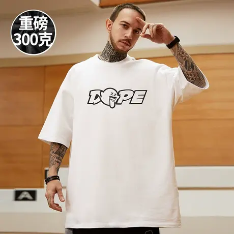 300g重磅美式卡通胖子短袖t恤加肥加大码白色宽松纯棉简约半袖男商品大图