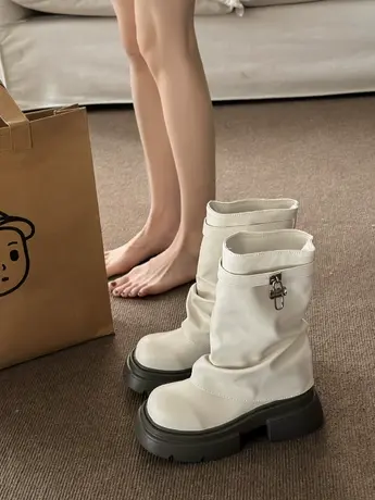 厚底短筒靴女2023秋冬新款网红复古百搭堆堆裤管靴白色中筒靴子商品大图