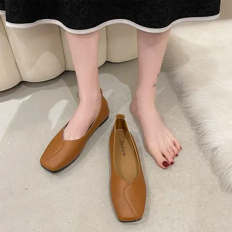 单鞋女平底2024春秋季新款软底豆豆鞋复古百搭浅口软皮鞋子奶奶鞋图片