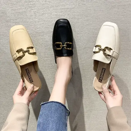 复古方头包头半拖鞋女2022年春季新款软皮外穿平底百搭穆勒拖鞋女商品大图