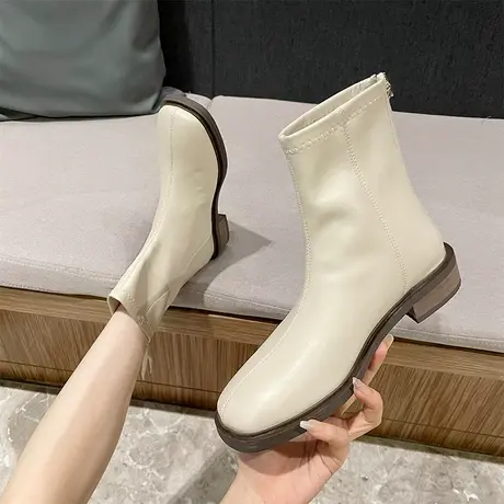 短靴女2024年冬季新款时尚百搭方头粗跟短筒瘦瘦靴后拉链切尔西靴图片