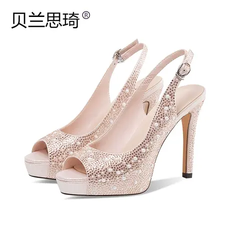 时尚水钻后空防水台高跟鞋女夏季新款礼服结婚细跟鱼嘴凉鞋图片