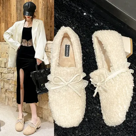 网红羊羔毛加绒粗跟玛丽珍单鞋女冬外穿奶奶鞋懒人孕妇毛毛鞋女鞋商品大图