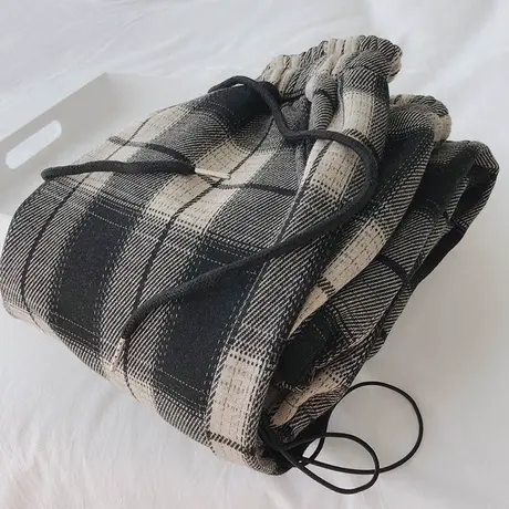 黑白格子休闲长裤女秋冬加绒加厚宽松高腰百搭阔腿运动束脚卫裤潮图片