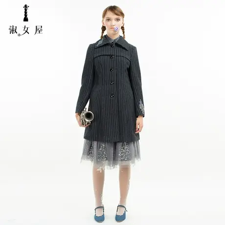 淑女屋官方旗舰店冬季女烟灰条水晶鞋与玫瑰花灰姑娘烤花呢短大衣图片