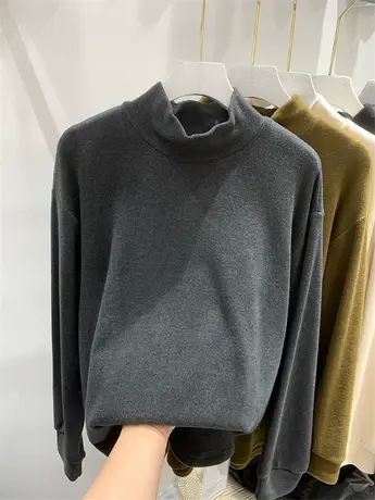 欧货宽松半高领德绒长袖T恤女2023年冬季新款加厚内搭打底衫上衣图片