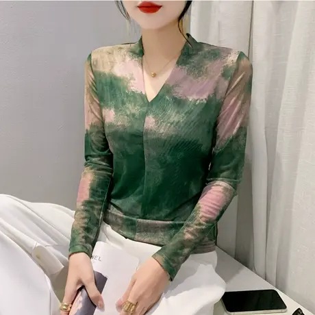 性感V领打底衫网纱扎染印花时尚气质镂空上衣女内塔修身长袖T恤潮商品大图