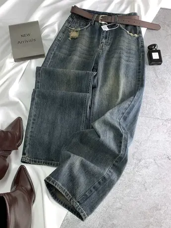 复古磨白美式牛仔阔腿长裤2023冬季新款显瘦百搭高腰宽松直筒裤商品大图