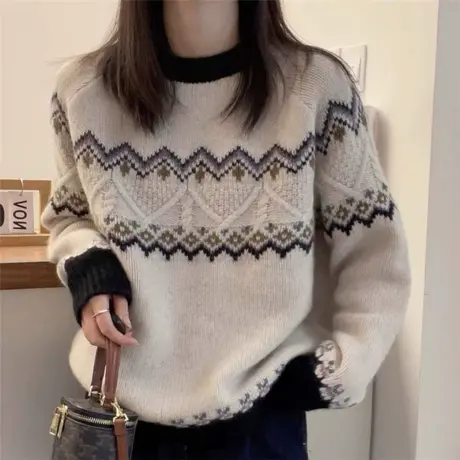 拼色圆领时尚慵懒风毛衣女长袖设计感上衣减龄宽秋冬新款打底衫秋商品大图