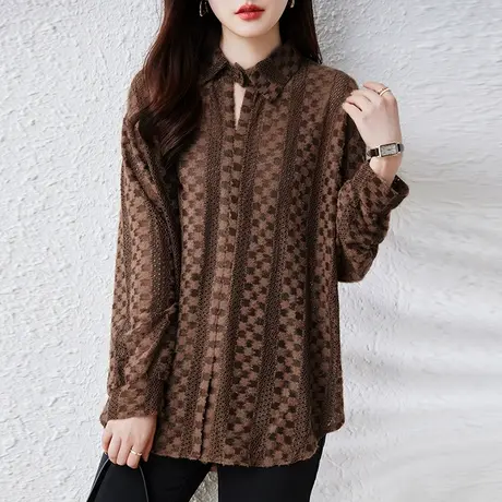 蕾丝衬衫女春秋新款大码女装宽松中年妈妈中长款洋气显瘦长袖衬衣商品大图