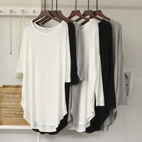 宽松莫代尔大t恤女春秋遮屁股长袖显瘦打底衫中长款半袖长袖上衣商品大图