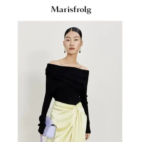 【一字肩】玛丝菲尔春季新款黑色设计感毛针织衫轻薄透气商品大图