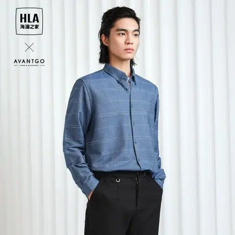 HLA/海澜之家轻商务经典系列长袖衬衫23秋冬新撞色格纹保暖衬衣男商品大图