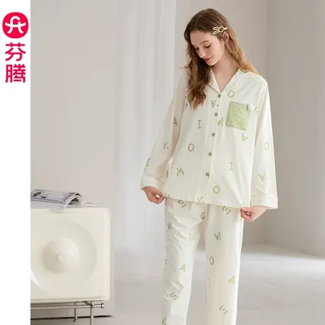 芬腾纯棉睡衣女春秋长袖长裤翻领开衫休闲宽松大码全棉家居服套装商品大图