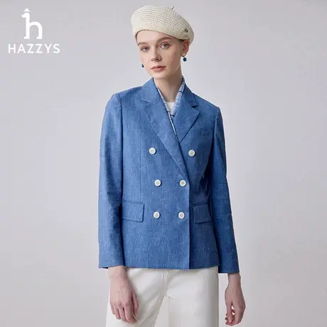 【商场同款】Hazzys哈吉斯棉麻双排扣单西女新款蓝色休闲西装西服图片