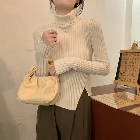 不规则开叉高领毛衣打底衫女秋冬季加厚修身内搭短款软糯针织上衣图片