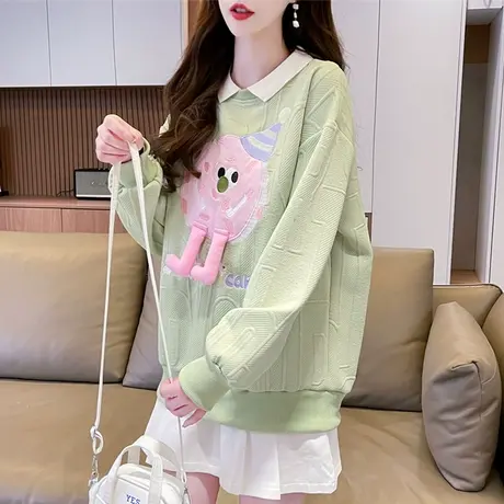 polo领卫衣女春秋季韩版宽松大码薄款小个子娃娃领假两件上衣外套商品大图