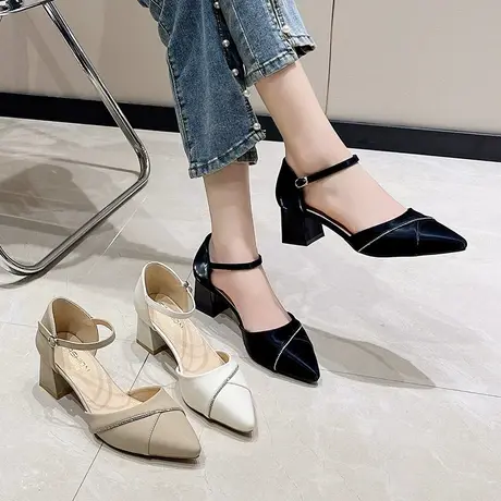 尖头包头凉鞋女2024年新款春夏季时尚百搭一字带高跟鞋粗跟单鞋子商品大图