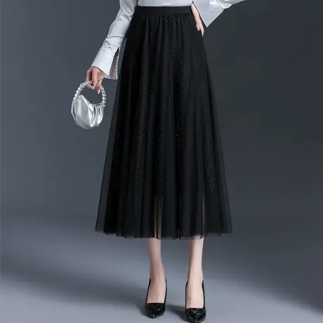 烫钻网纱半身裙女春季2024新款高腰垂感a字裙韩版中长显瘦大摆裙商品大图